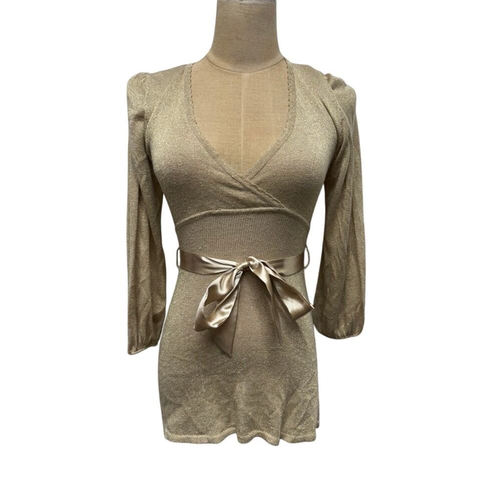 "Say What" Womens Gold Sheer Top Cotton Blend SZ M Sexy Office Babydoll Belted